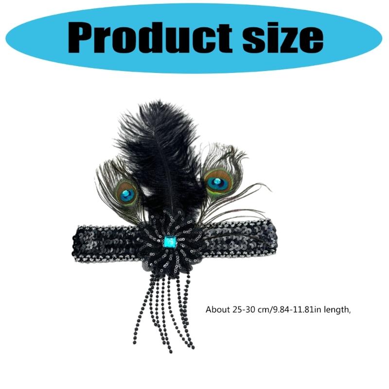 Stretchable Hairband With Glitter Fringe Natural Ostrich Peafowl Feather Comfortable Adjustable Headpiece For Event