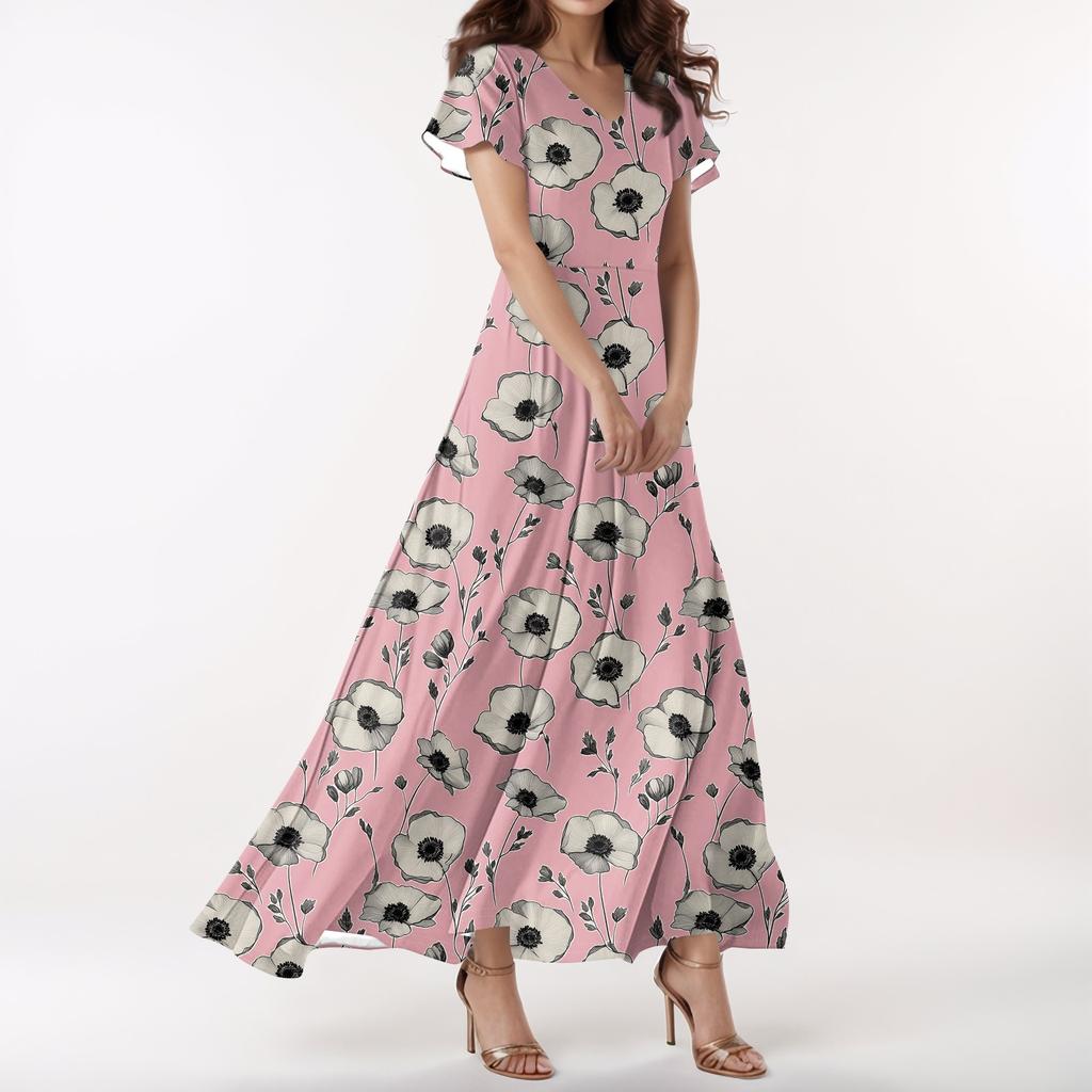 Lässiges Damenkleid mit V-Ausschnitt, kurzen Ärmeln und hoher Taille, Retro-Blumenblatt-Print