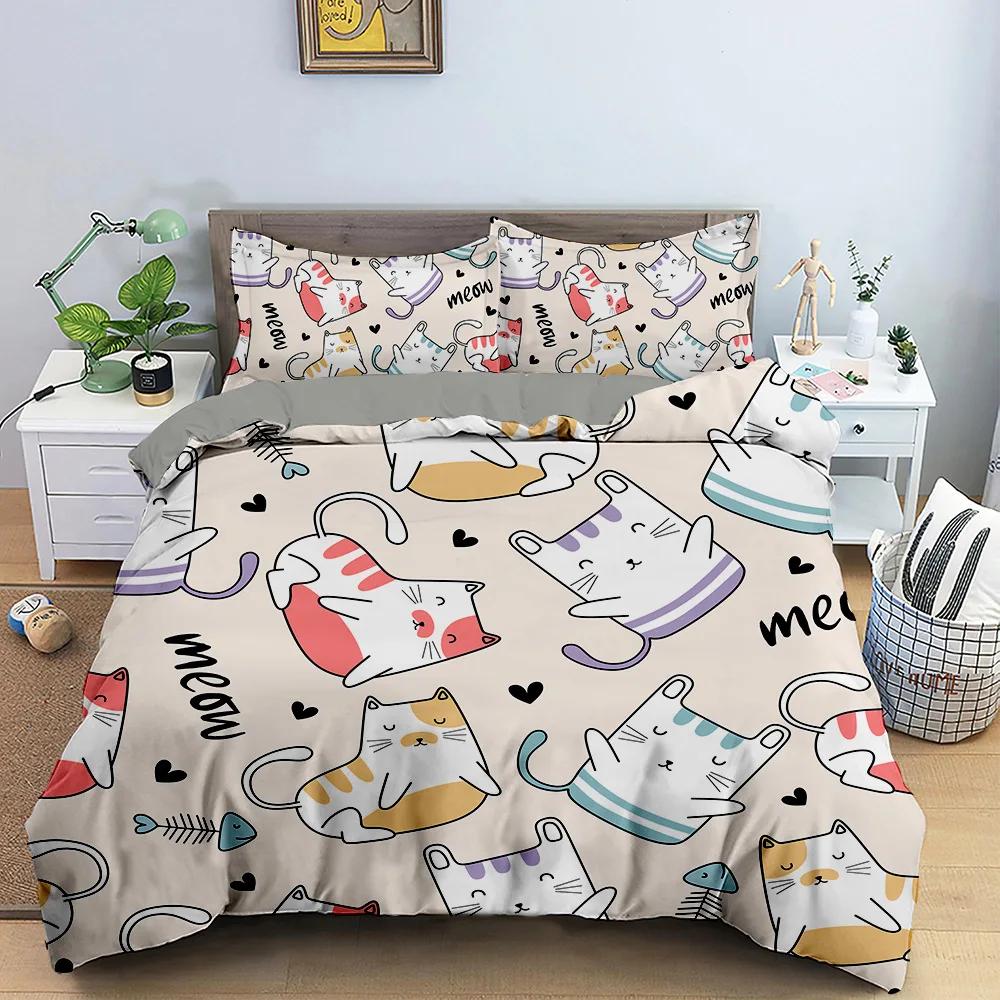 Cartoon Cat Duvet Cover Kawaii Black Kitty For Kids Teens Women Girls Pet Animals Polyester Quilt Cover For Bedroom Decoration