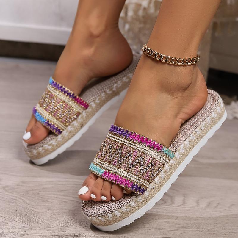 Damen Sandalen mit breiter Weite und böhmischer Plateau-Sohle - Mules mit Juteseilsohle für den Sommer, Ethno-Stil, lässige Pantoletten