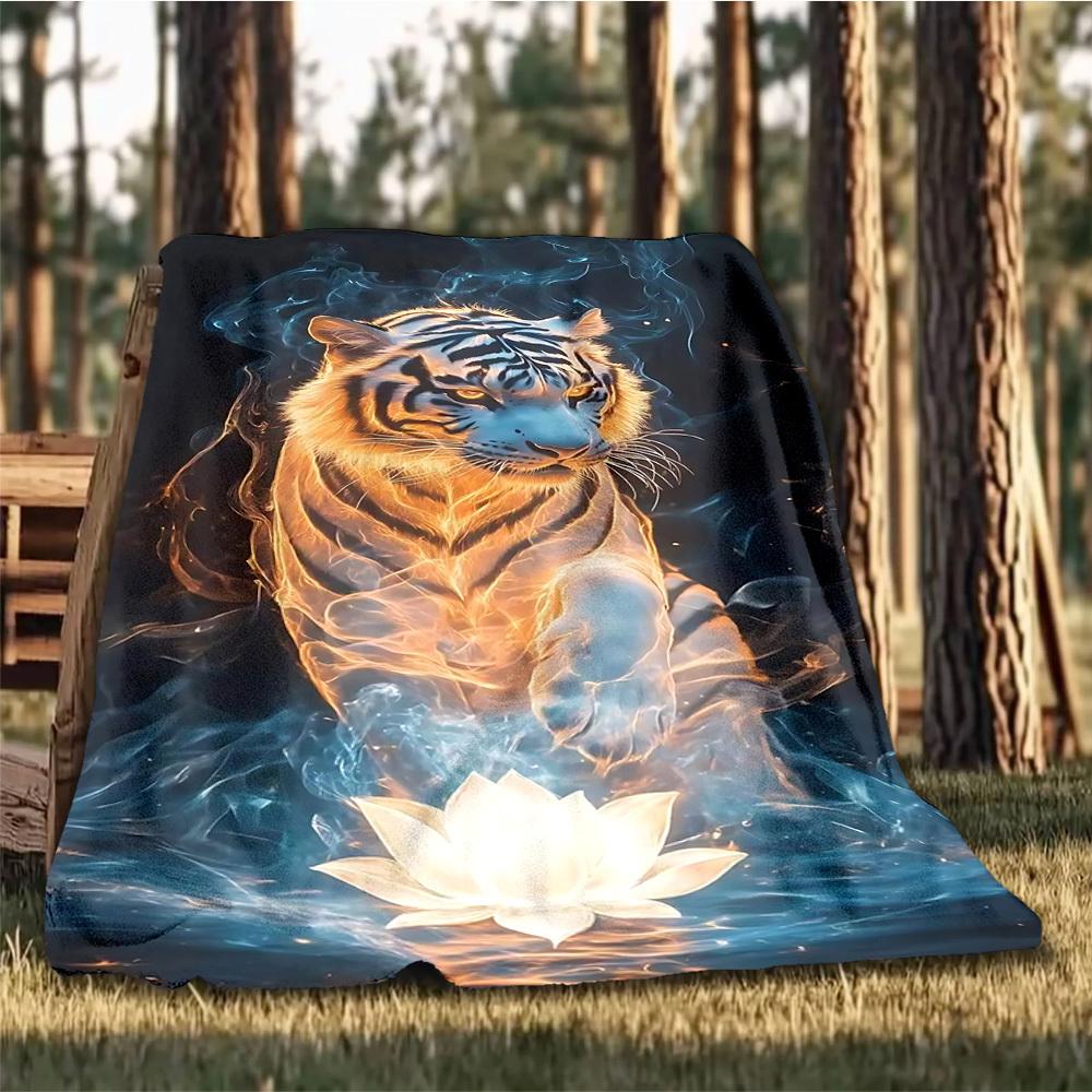 1pc Tiger Lotus Throw Blanket Polyester Fiber, Lightweight Flannel, Soft & Warm, All Season Use for Outdoor, Camping Digital Print