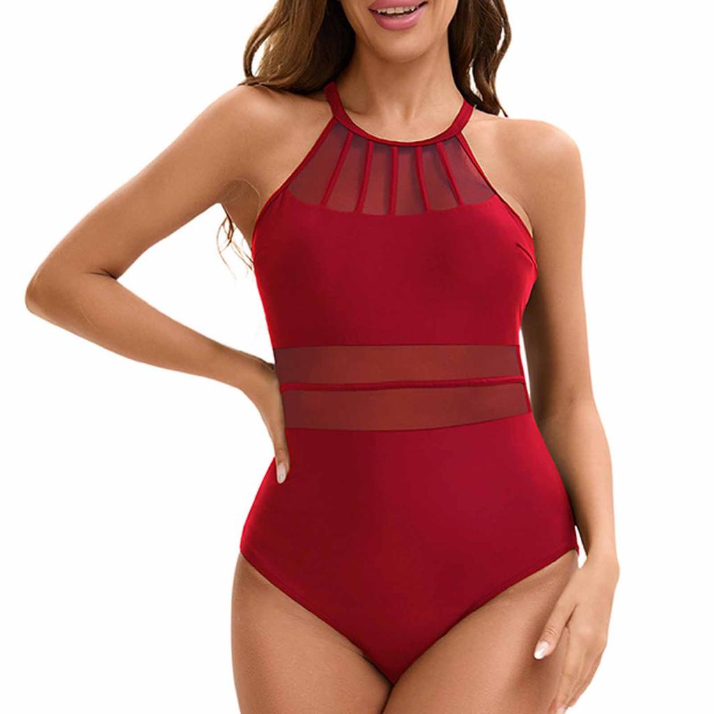 Women's Sleeveless Netting One-Piece Swimsuit, Color Sexy Backless Design, Tight-Fit Summer Beach & Pool Swimwear