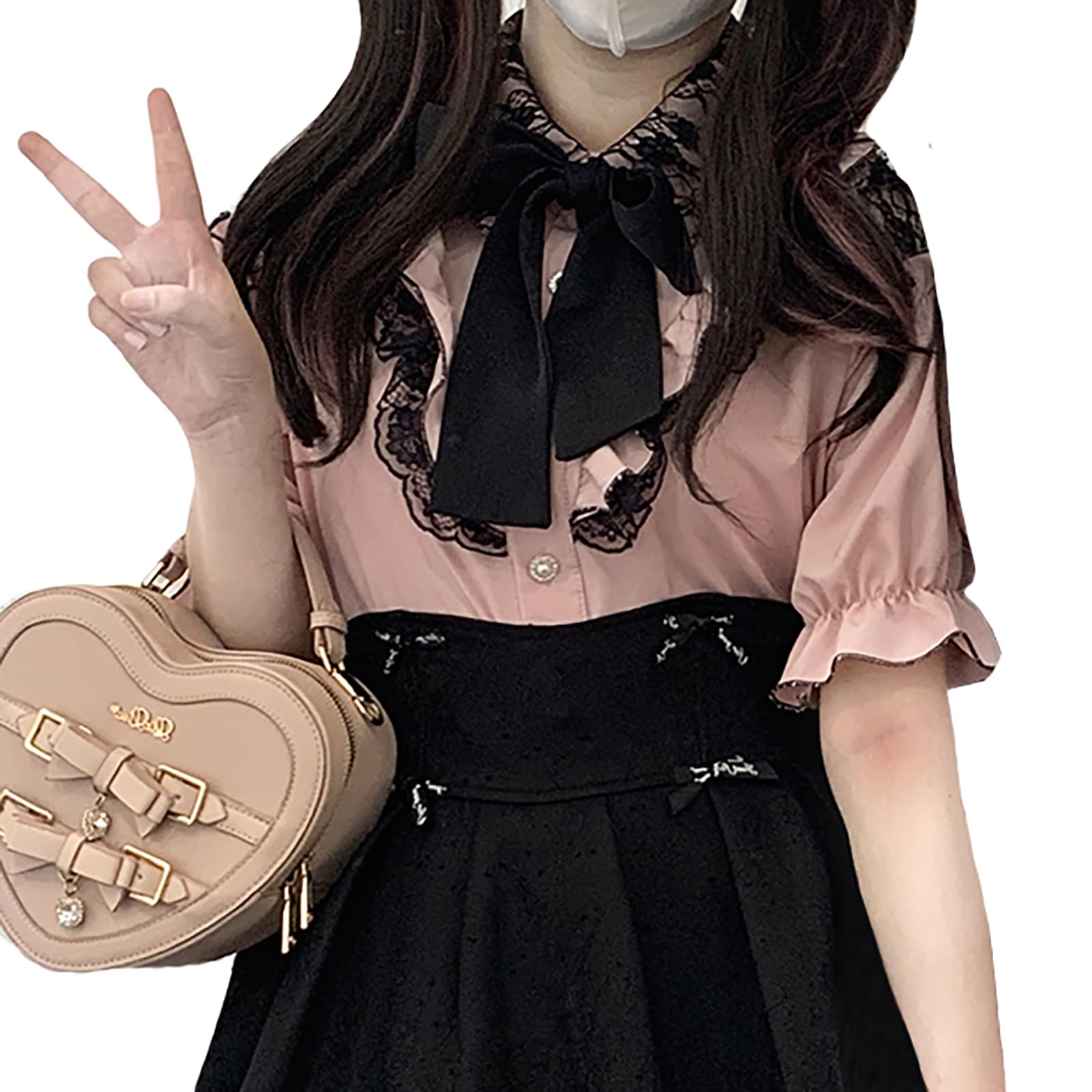 

Короткая съемная расклешенная шифоновая розовая [XHSUKADO] женская блузка с открытыми плечами, милая, рукав, лента, оборки, кружево, рукава, модная, лолита, розовый