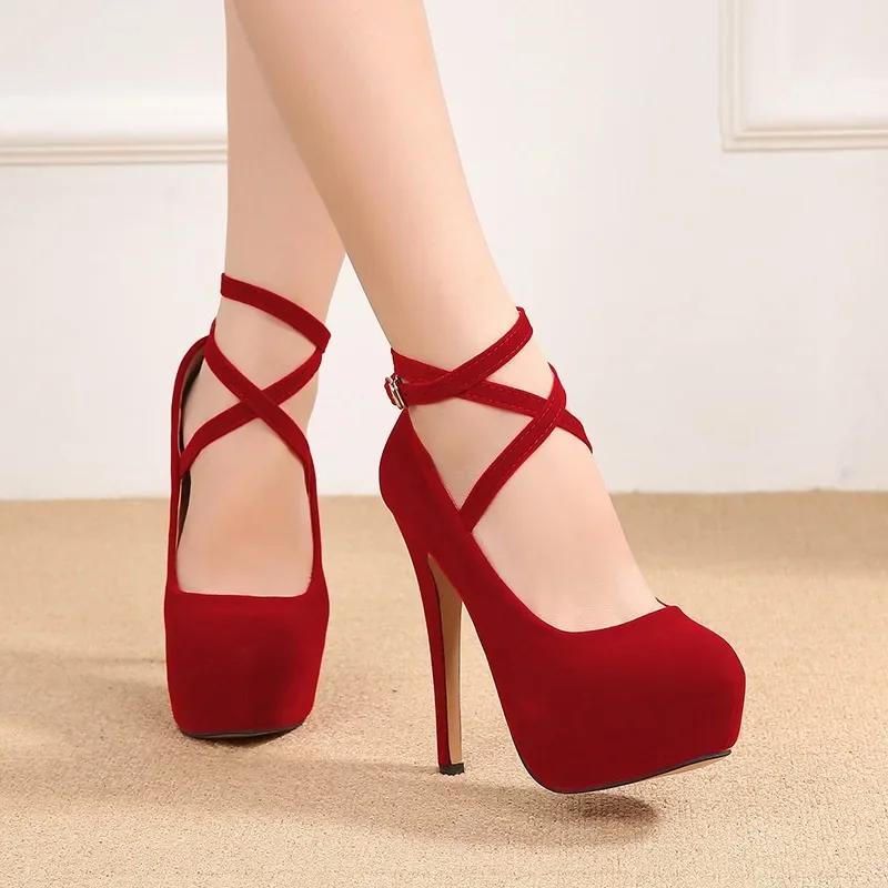 Fashion Pumps High Heel Women New Style Flock Fashion Cross Straps 14cm Heel High 4cm Platform Model Nightclub Sexy Plus Size 35-46