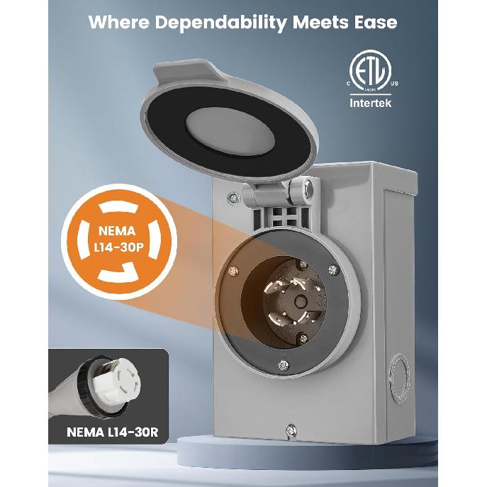 SURAIELEC 30 Amp Generator Power Inlet Box, NEMA L14-30P Generator Box for 4-Prong Generator Cord, 125/250V, 7500W Weatherproof Outdoor Power Inlet