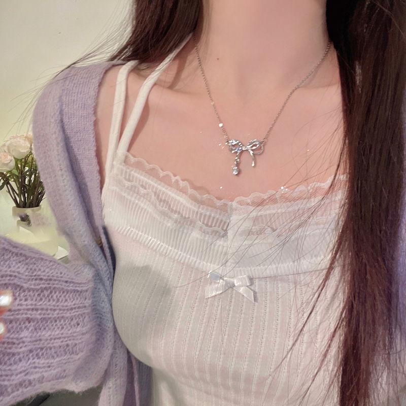 Niche design hollow bow zircon pendant necklace femininity versatile high sense diamond collarbone chain