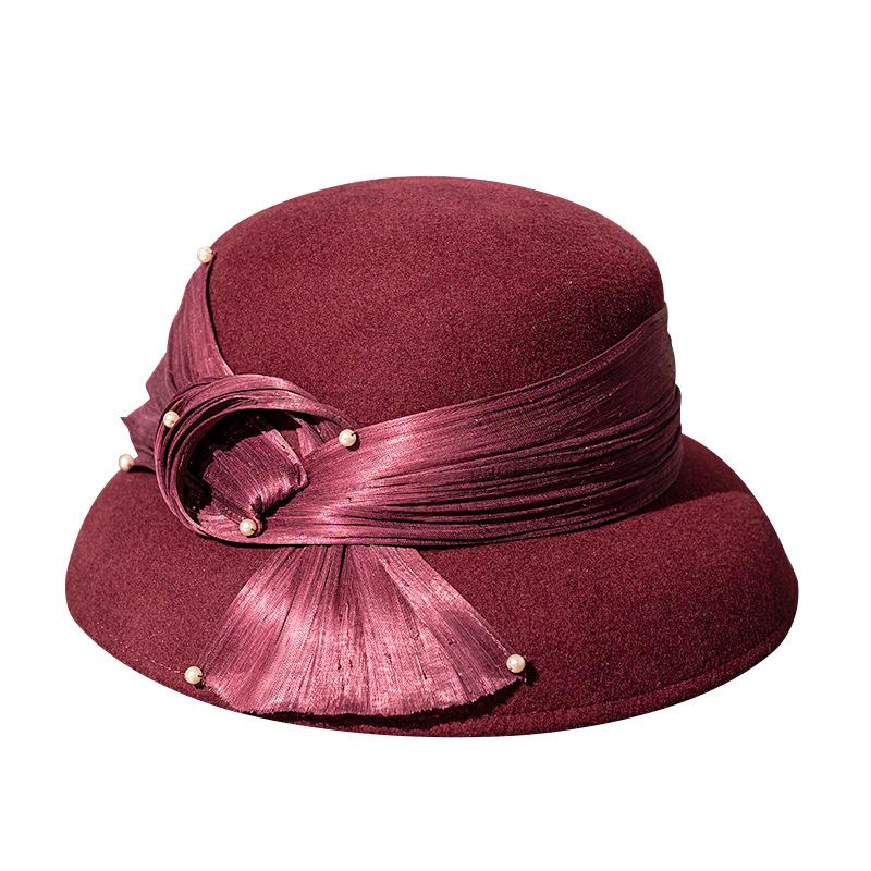 2025 Nuovi Cappelli Formali Invernali Puro 100% Feltro di Lana Cappello Fedora Rosso Vino Madreperla Lana Regalo Dama Grado Superiore Banchetto Nuziale