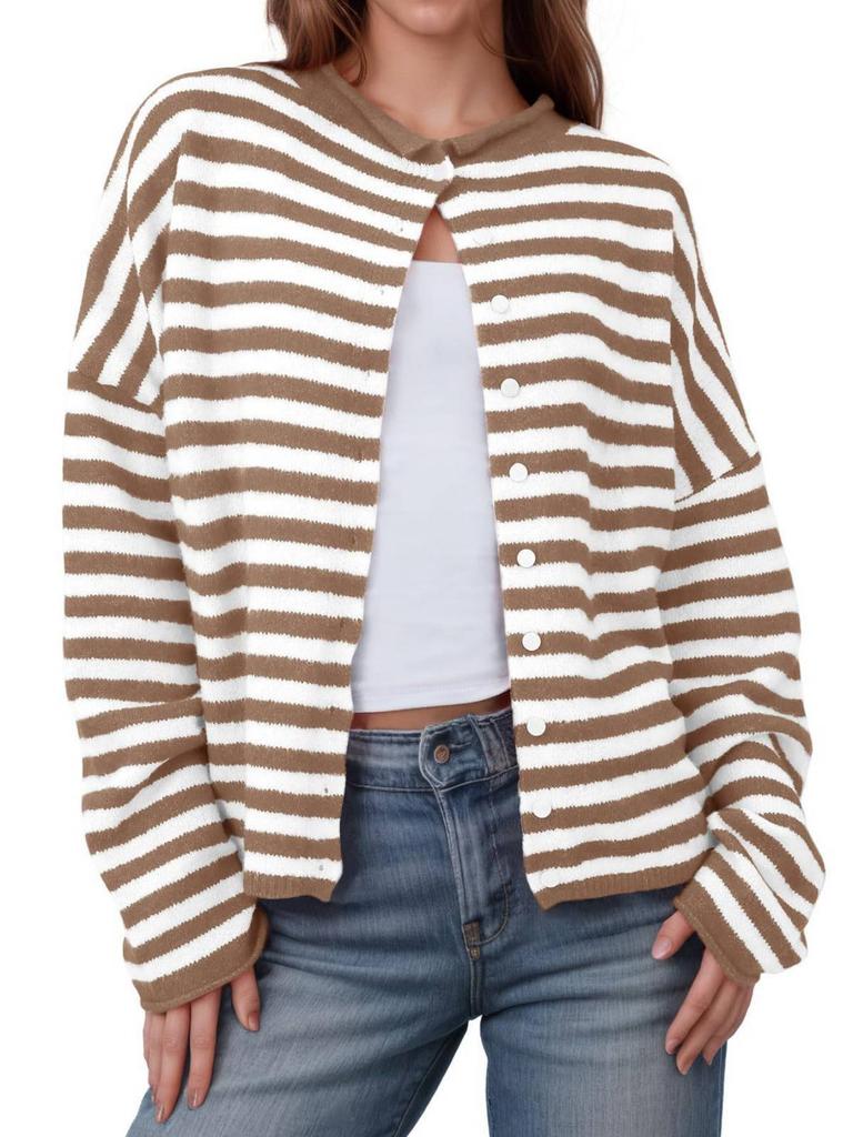 Women's Button Coat Striped Color-Contrast Long-Sleeved Cardigan