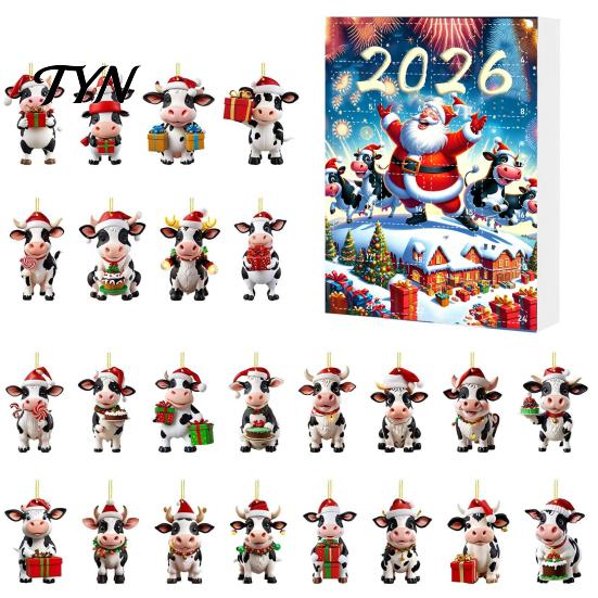 2026 Holiday Atmosphere Gift Set Christmas Cow Ornament Advent Calendar 2026, 24 Days 2D Acrylic Hanging Pendant Flat for Car Rearview Mirror