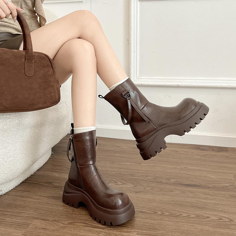 Faux Leather Martin Boots Women's 2025 Autumn and Winter New Muffin Thick-soled One-pedal Light Cigarette Boots Velvet Short Boots