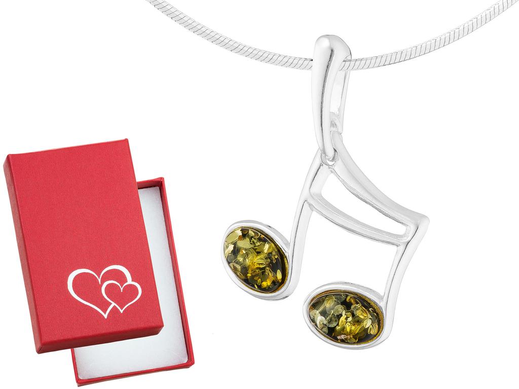 Short Silver Necklace Music Note With Green Amber Sixteenth Note 42 Cm