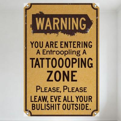 Vintage Warning Entroopling Tattoo Zone Tin Sign, Distressed Brown Background Metal Wall Decor with Black Yellow Text for Home B
