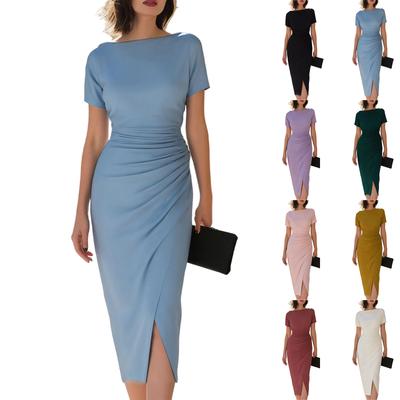 Women's Short Sleeve Midi Dress with Ruched Waist and Side Slit Fitted Design Crew Neck Elegant Solid Pattern