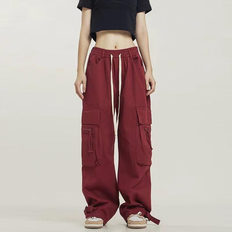 

Women s Trendy Red Cargo Wide-Leg Street Dance Pants - Versatile, Casual, Floor-Length Trousers XX-Large