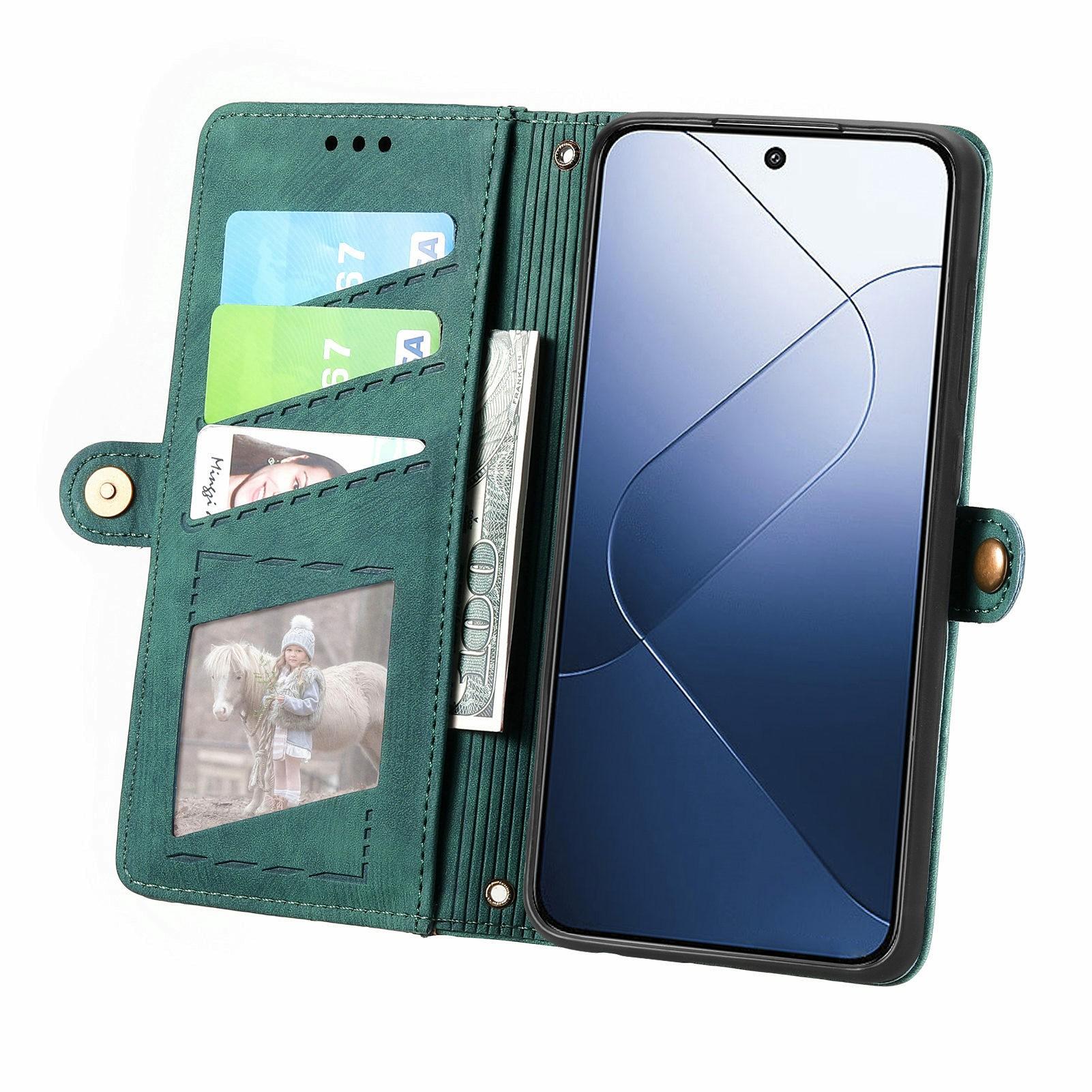 

For Xiaomi 14T Case Zipper Wallet Geometry Lines Leather Phone Cover Green