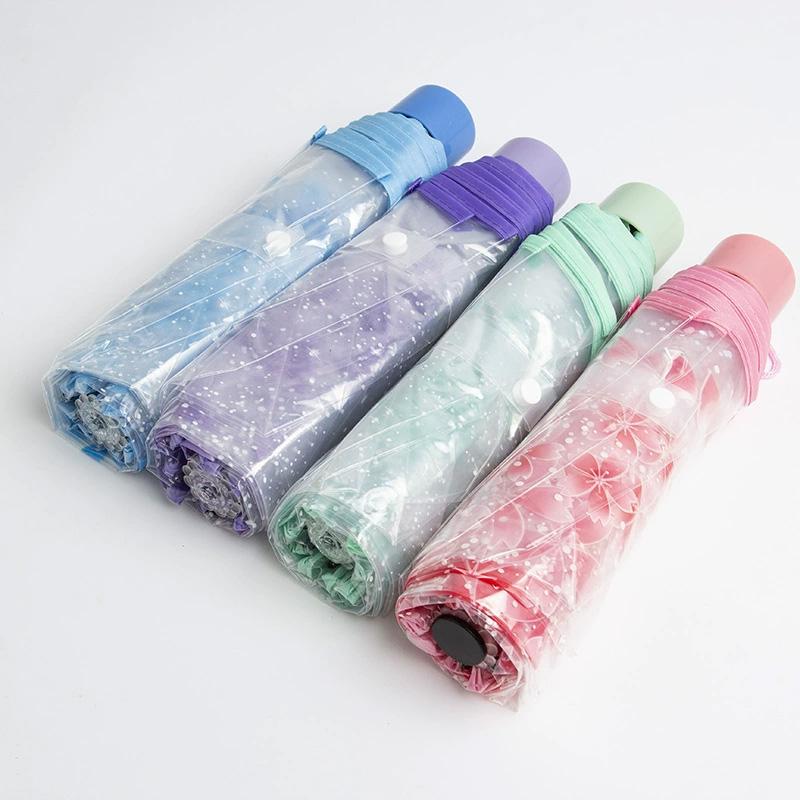 1PC Three-Fold Beauty Cherry Blossom Transparent Umbrella Rainproof Fold Umbrella Handheld Windproof