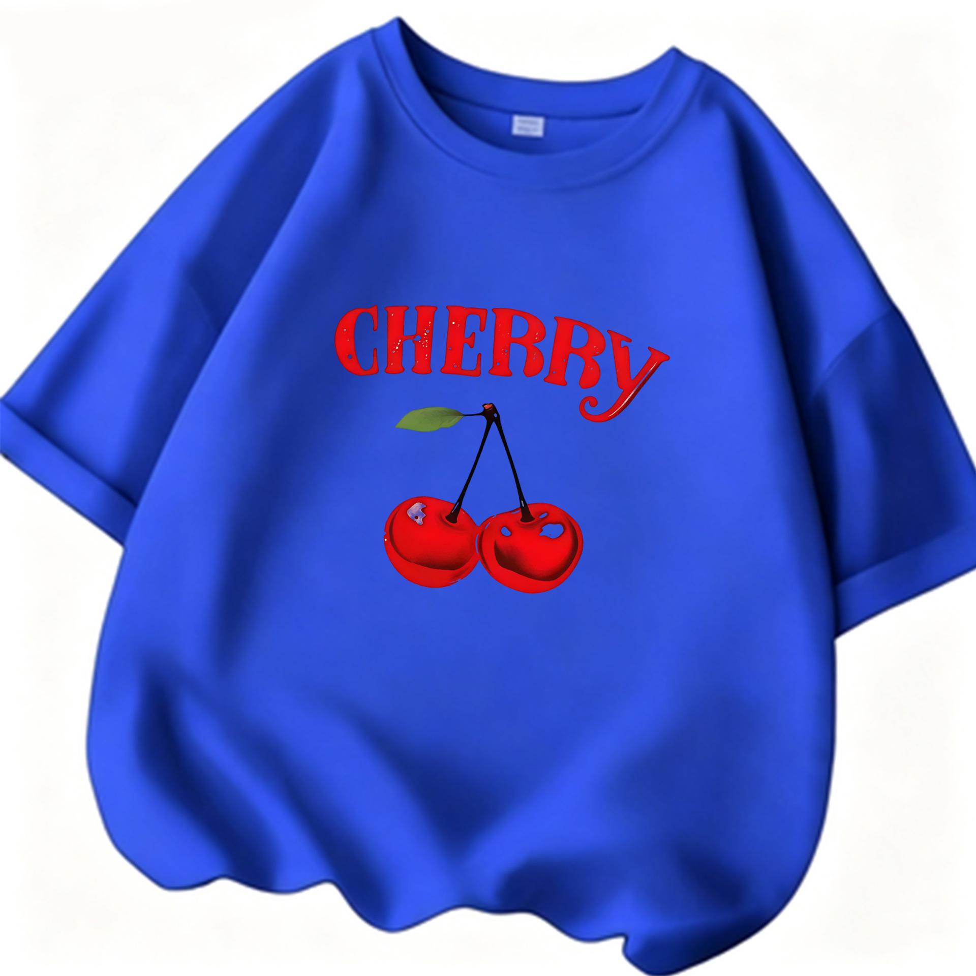 Women s Cherry Print Crew Neck Short Sleeve T-shirt - Loose Pure Cotton Summer Top 120 cm королевский синий