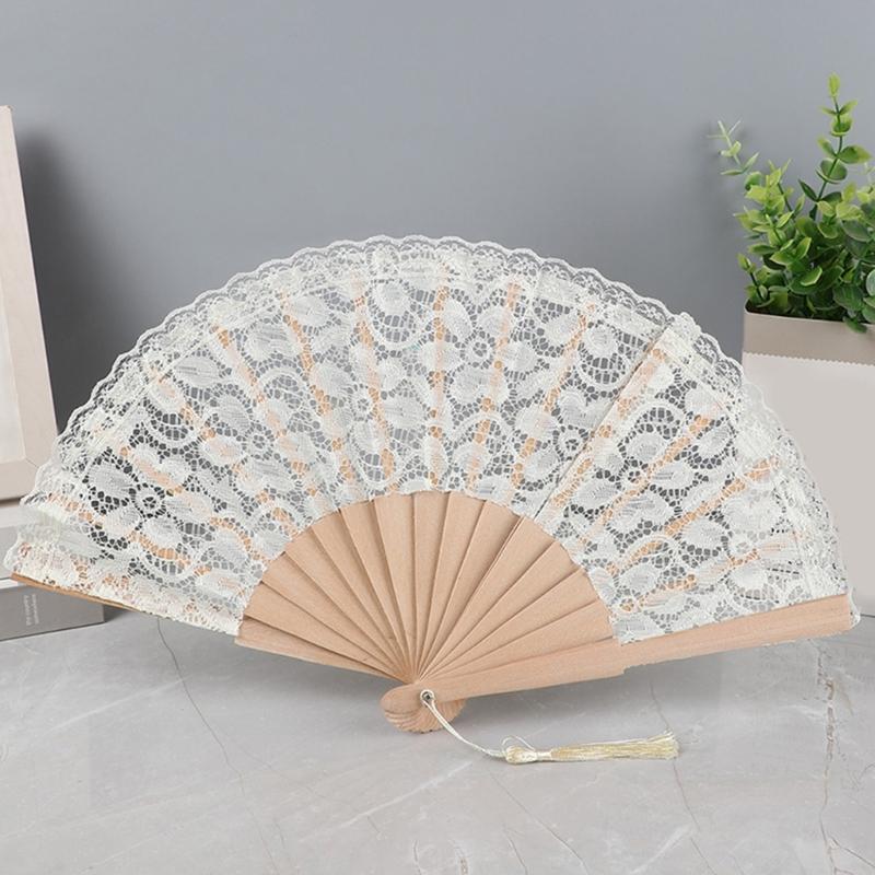 Lacework Handheld Fan with Wood Frame Decorative Fan For Wedding Ceremony Cooling Fan for Bridal Shower Decoration