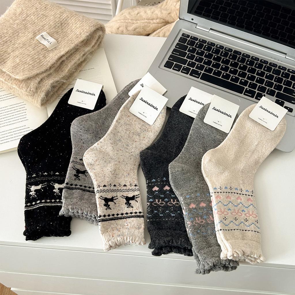 Wool Socks, Elk Warmth, Mid-Tube Bow, Christmas-Style Thick Socks