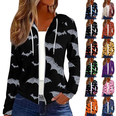 Sudadera con capucha y cremallera de manga larga con estampado de Halloween para mujer