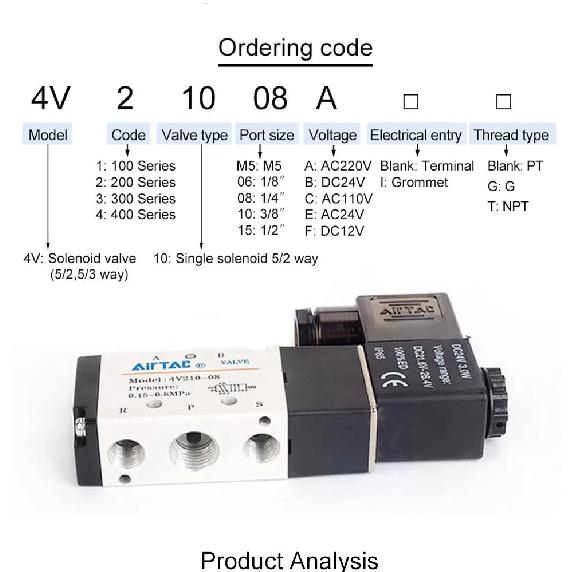AIRTAC Original Pneumatic 5/2 Way Solenoid Valve 4V110-06 4V210-08 4V310-10 4V410-15 12V 24V 110V 220V Direction Control Valve