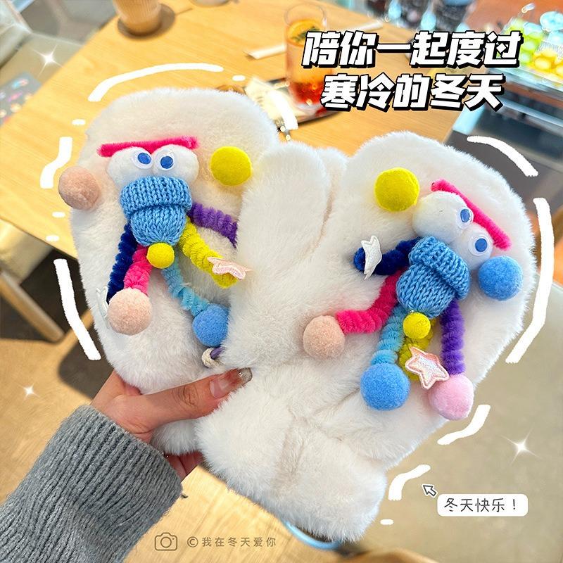 Warm Gloves Women's Winter Candy Color Plush Student Funny Gloves Thickened Velvet Knitted Color Cold Ride