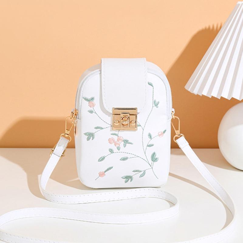 Embroidered Lock Single Shoulder Vertical Small Square Bag Messenger Bag Simple Mobile Phone Bag Girls Mouth Red Envelope