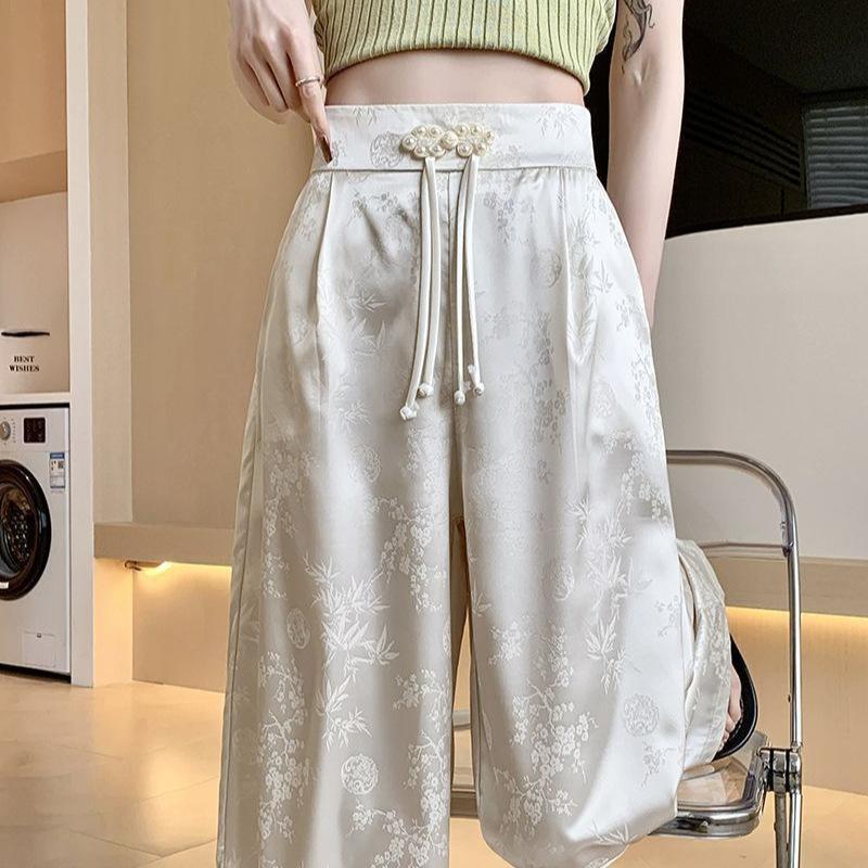 

Female High Waist Straight Leg Jacquard Pant Spring Summer Women Chinese Style Hollow Out Satin Floor Mopping Wide Leg Trousers XXXL абрикосовий