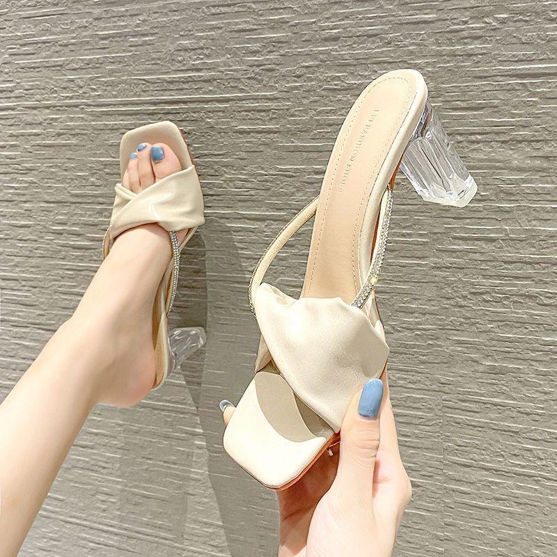 Fashion French Style Fashion Women's Outdoor Wear Hot Selling 2025 Summer New Versatile Open Toe Thick High-heeled Crystal Slippers