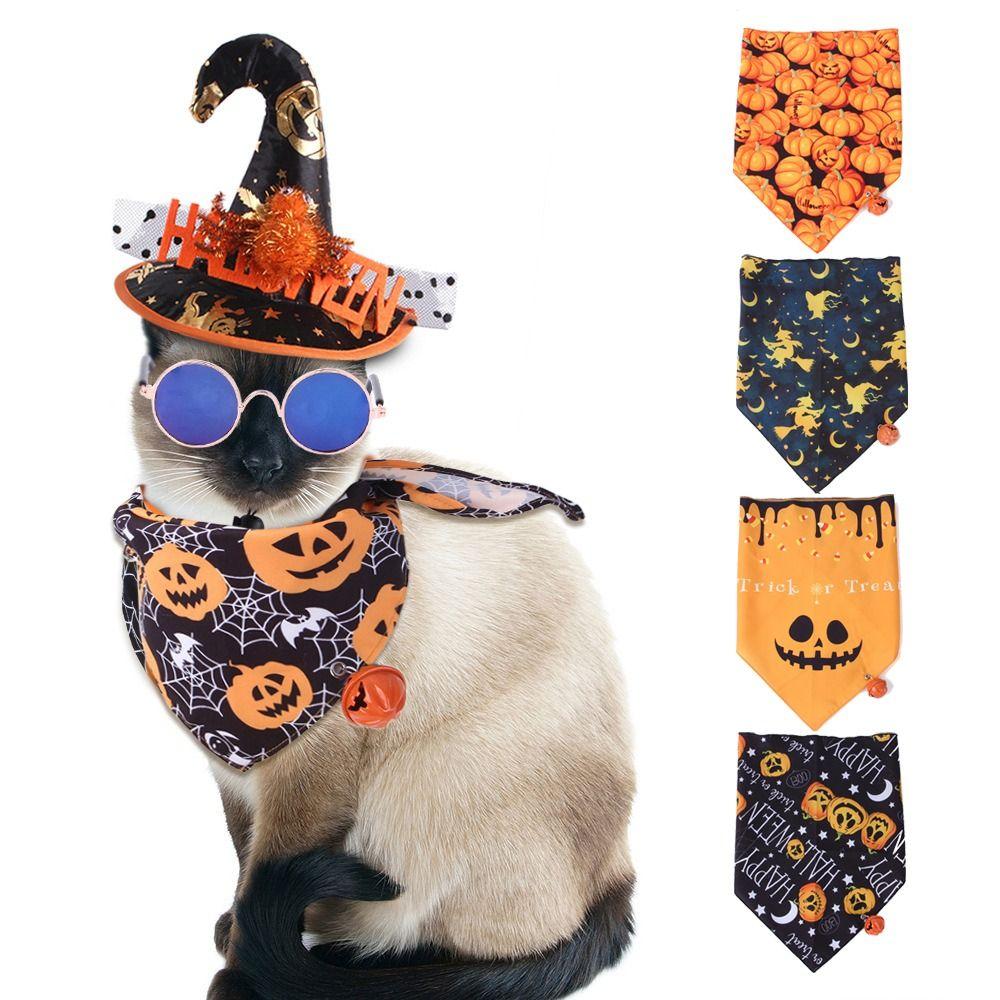 Polyester Halloween Dog Triangle Towel With Bell Pumpkin Dog Bandana Halloween Pet Scarf Christmas
