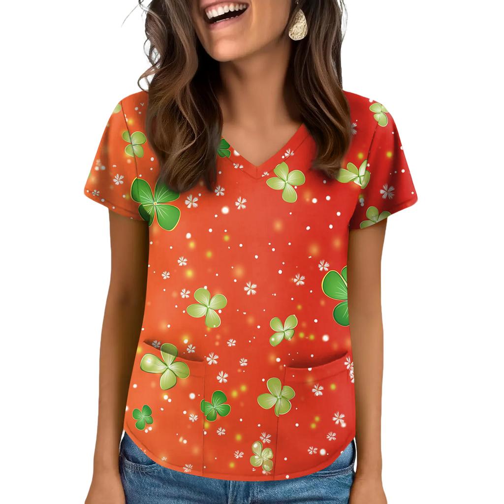 Women's V-Neck Saint Patrick's Day Print Short-Sleeve Pocket Side-Slit Top