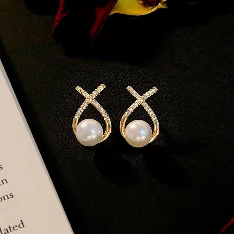 Premium Cross Pearl Stud Earrings Women Ins Temperament Thin Diamond Earrings Korean Version Sweet X Letter Earrings
