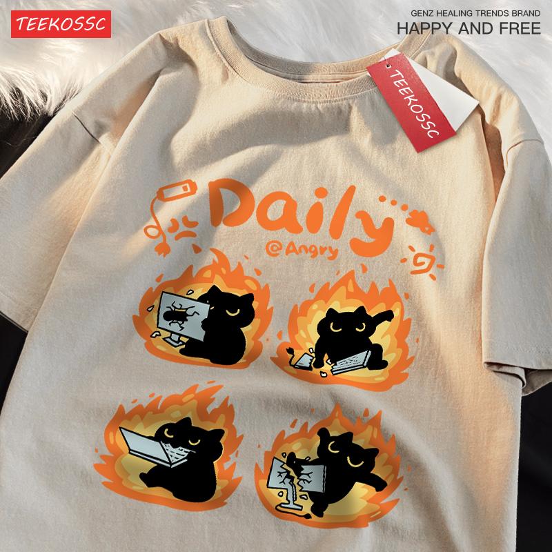 Daily Angery Black Cat Cotton Women T-Shirts Cartoons Prints Tee Shirts Loose O-Neck Soft Comfortable Tops Summer Woman Clothes