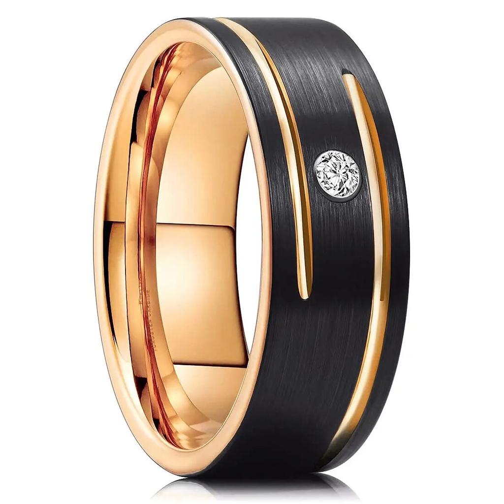 Mode 8mm Schwarz Poliert Wolfram Ehering Für Männer Eingelegten Zirkonia Edelstahl Verlobungsring Männer Ehering