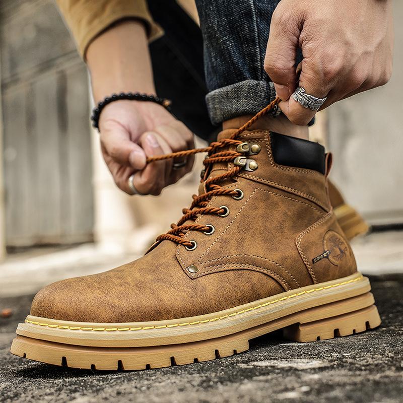 Martin boots men's winter velvet high-top British wind mid-top rhubarb boots men's cotton shoes genuine leather retro boots