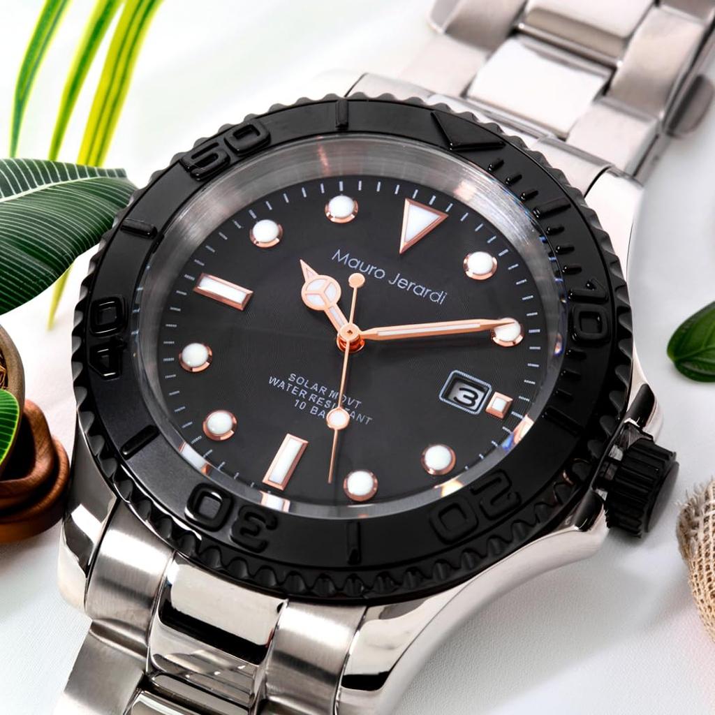 Mauro Geraldi Solar Watch, All Stainless Steel, 10 ATM Water Resistant, Rotating Bezel, Luminous, MJ061 (MJ061-1/Black)