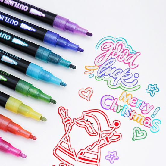 Dual-Tip Metallic Outline Pens Fluorescent Marker with Colorful Borders Smooth Tip Highlighters for Cards Crafts & Notes
