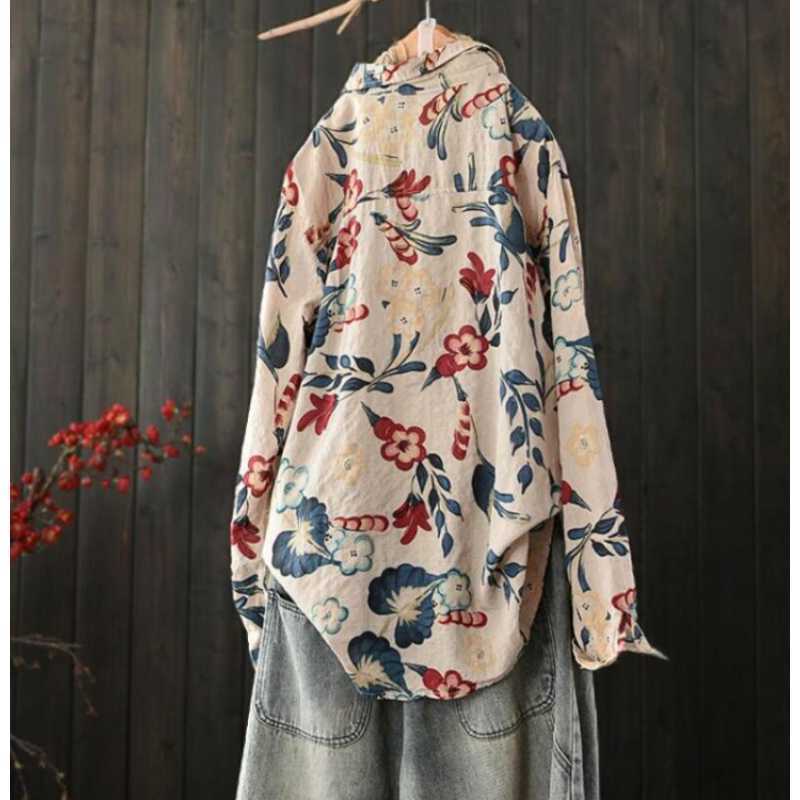 Women's Floral Print Linen Cotton Shirt Loose Fit Long Sleeve Casual Blouse