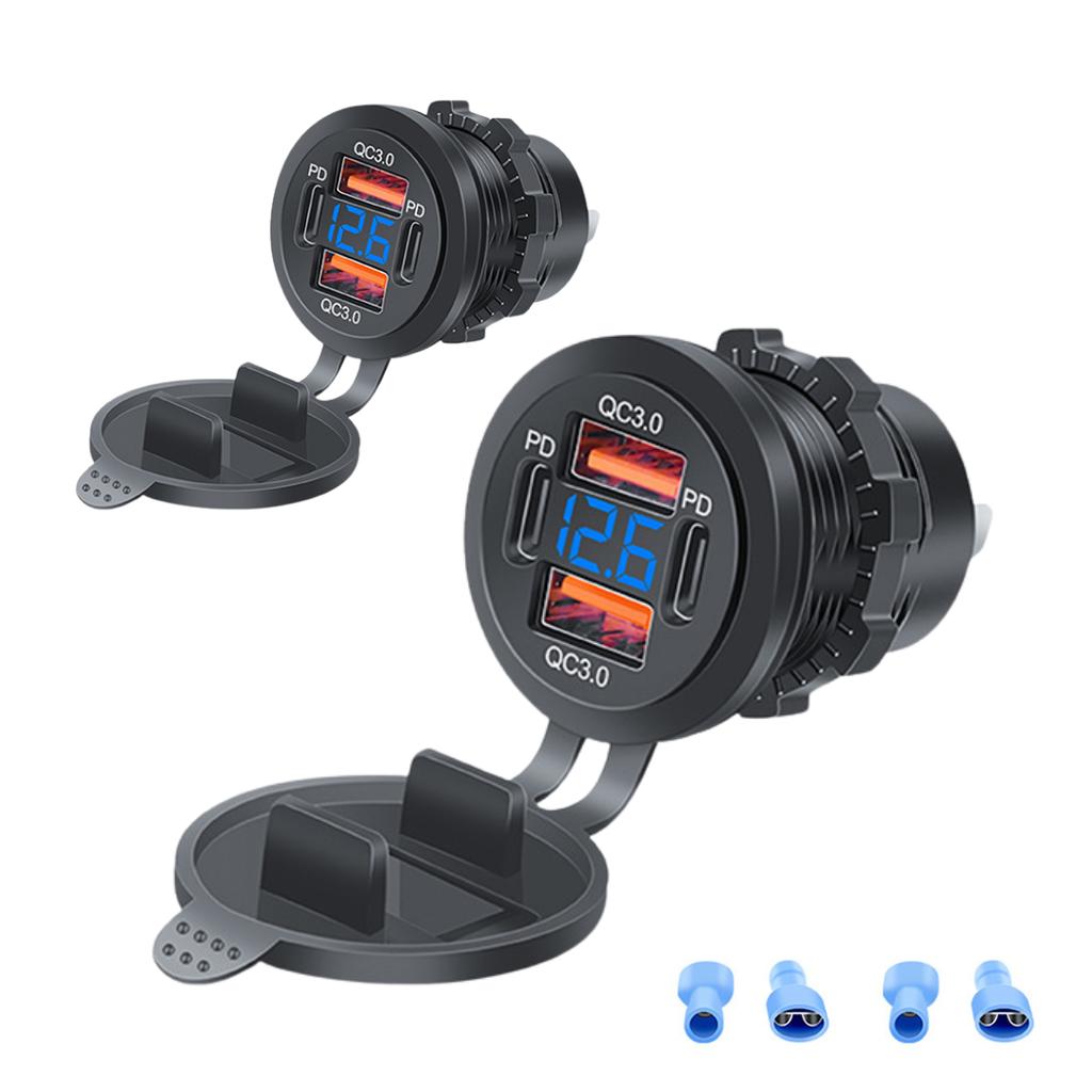 96W PD3.0 + QC3.0 4-Port Fast Car Charger with LED Display - iPhone Samsung Huawei Compatible Waterproof