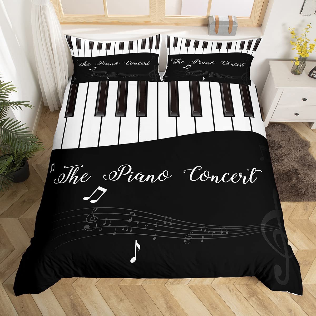 

Музыкальные клавиши пианино Пододеяльник King Queen Piano Постельное белье Современный музыкальный инструмент Пододеяльник Черно-белый Покрывало 155x215cm 3pcs
