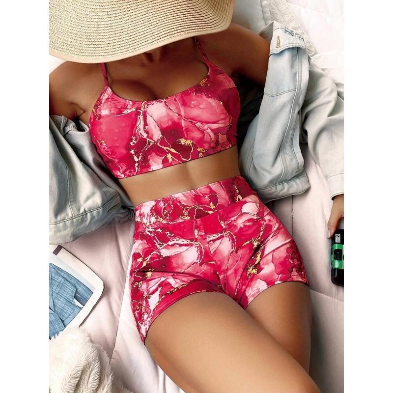 Two Pieces Marble Print Swimwear 2026 Women High Waist Swimsuit Summer Beach Wear Female Bathers Bathing Swimming Sport Suit