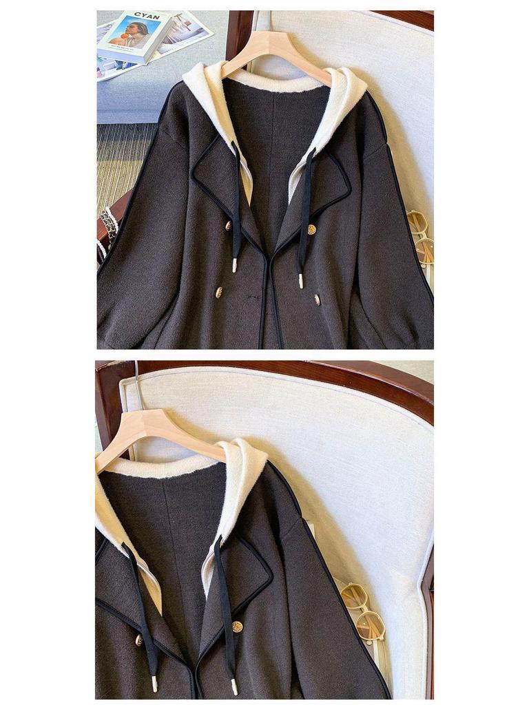 Dubbelsidig Huvförsedd Ullstickad Patchwork Smal Kofta