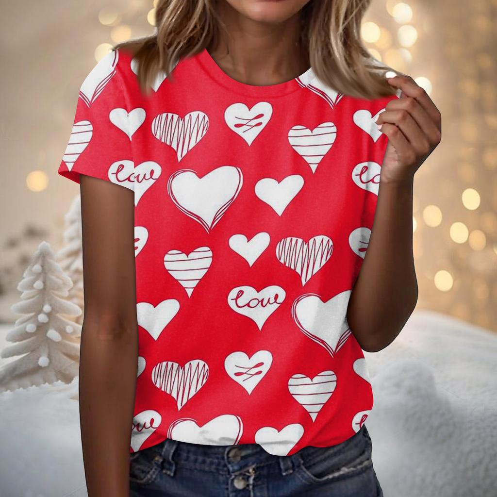 Women's Fashion Casual Short Sleeve Valentine's Day Printed Round Neck T-Shirt Top
