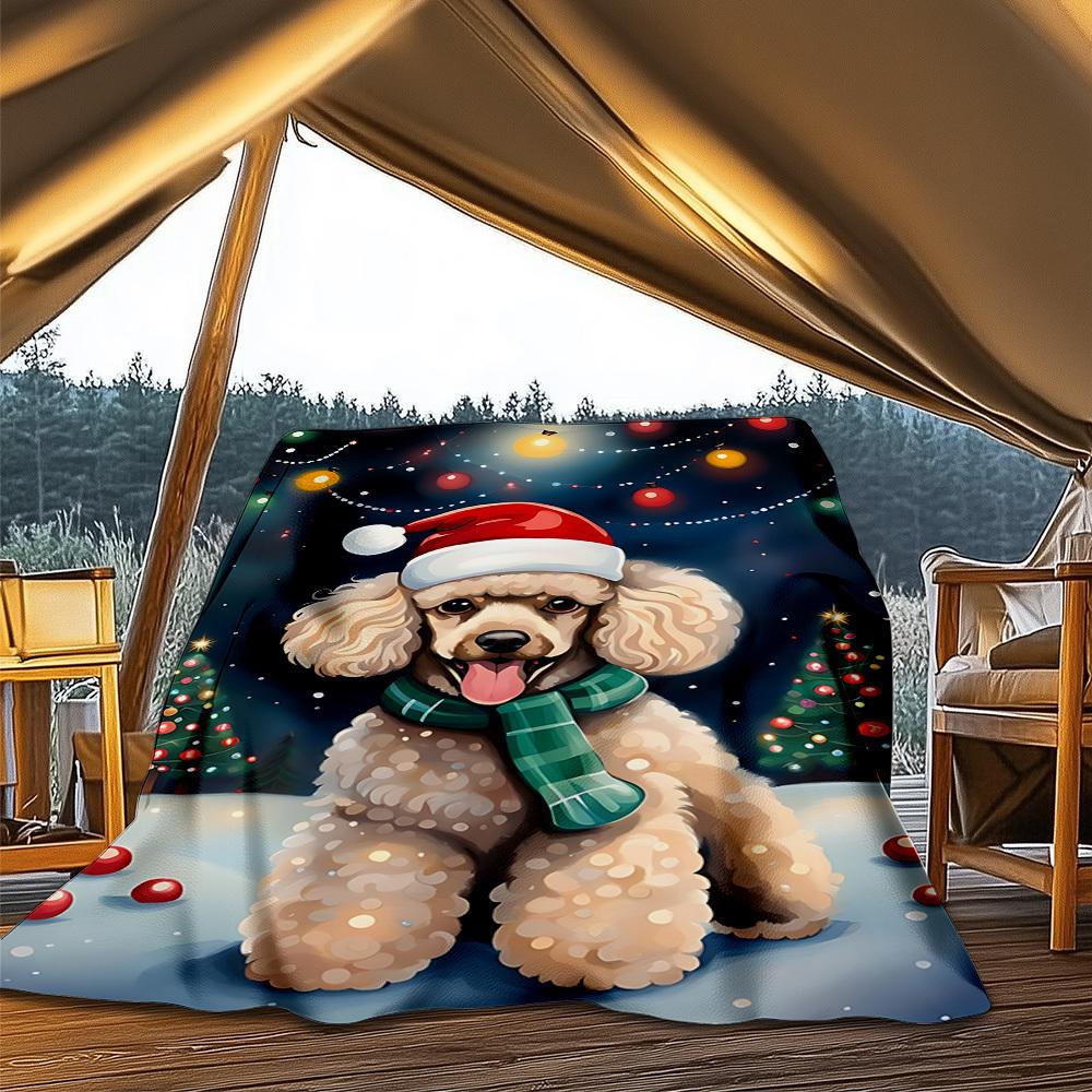 1pc Christmas Poodle Outdoor Flannel Blanket , Machine Washable Perfect Gift for Birthday , Holiday Travel Accessory , Durable Material