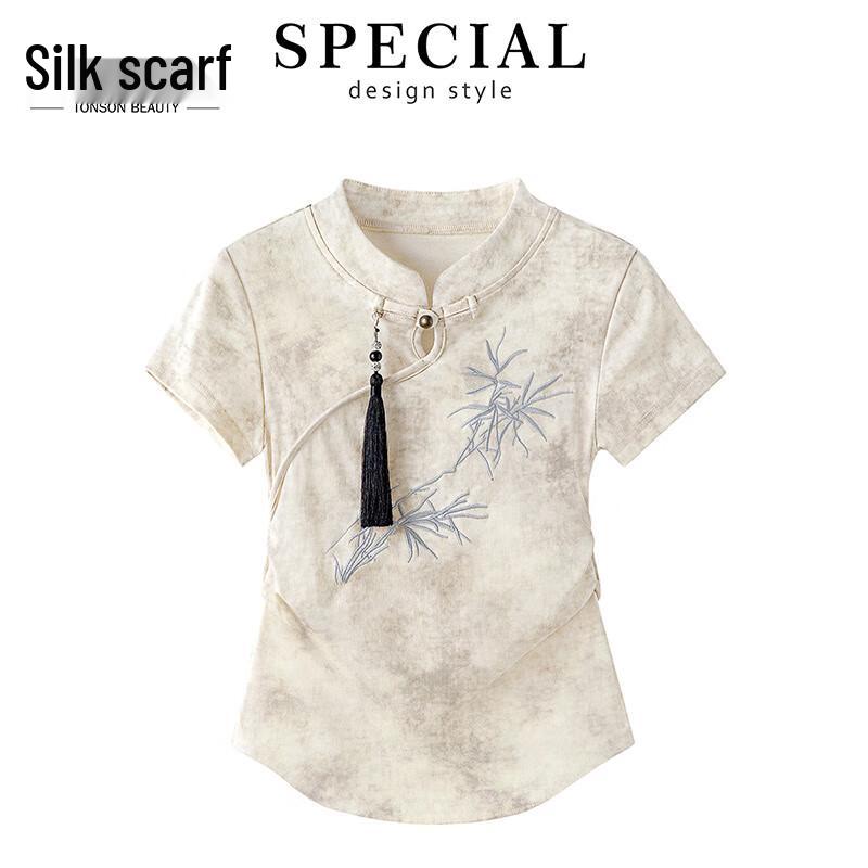 

Sibeishe New Chinese Style Embroidered Stand Collar T-Shirt L