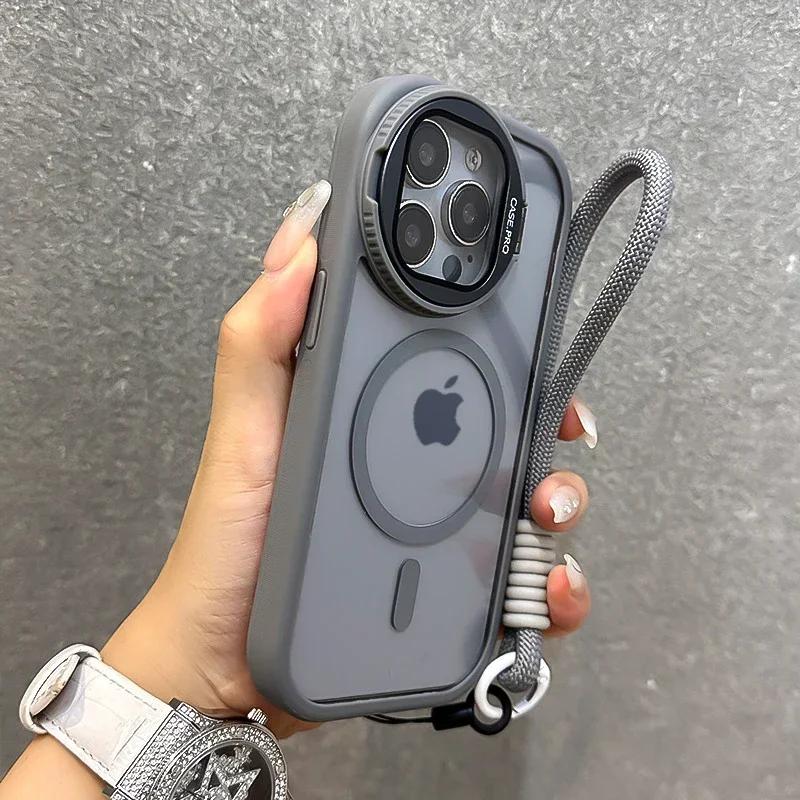 Fold Glass Lens Stand Magnetic Clear Case for 16 15 14 13 11 12 Pro Max Plus Wrist Strap Cord Shockproof Cover