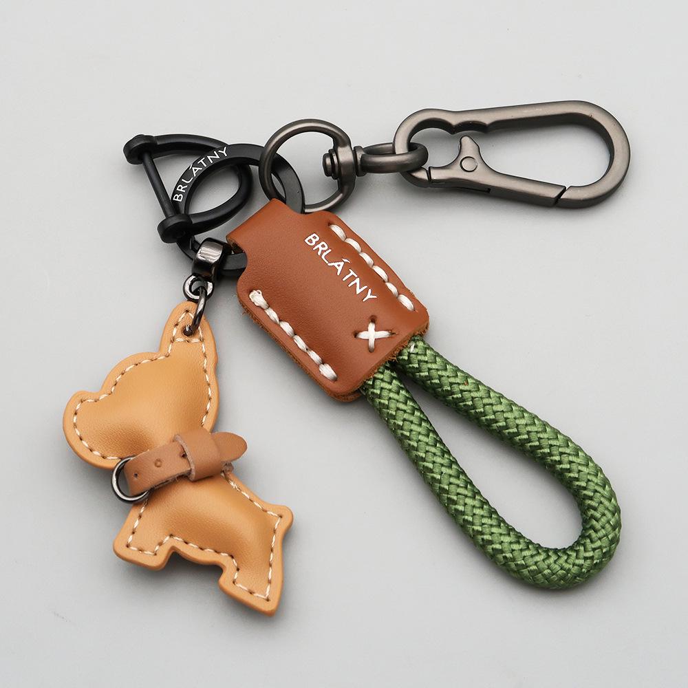 Handmade French Bulldog Genuine Leather Keychain with Anti-Lost Woven Rope Lanyard.