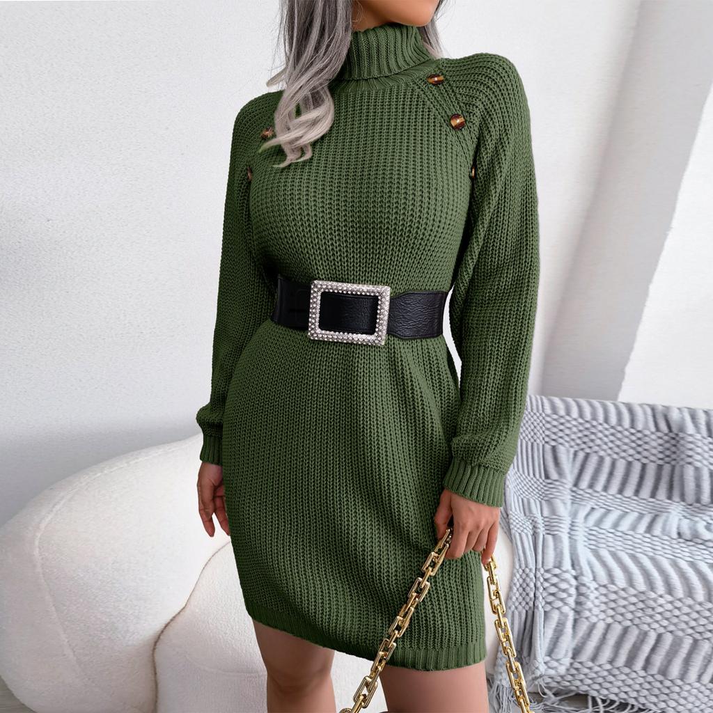 Women's  And Winter European And American Casual Button Turtleneck Long-sleeved Bottoming Sweater Dress