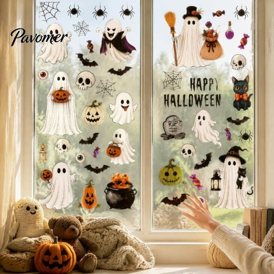 Decorative Window Film 6 Sheets Halloween Clings, Spooky Ghost Pumpkin Bat Removable Wall Decal Sticker, Reusable Static Glass Decals for Holiday