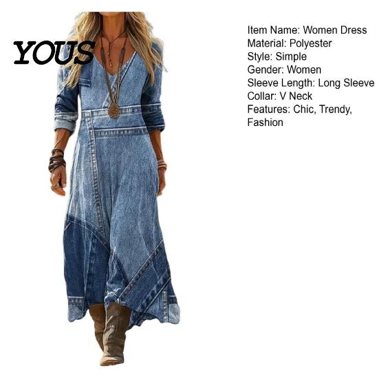 Asymmetric Hem Dress Denim Print Maxi for Women, Casual Long Sleeve V Neck Dress, Summer Loose A-line Flowy Vacation
